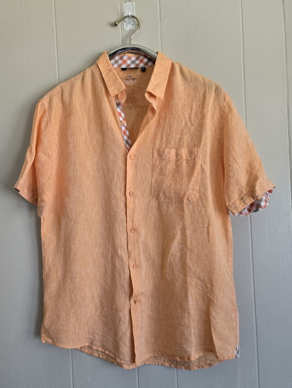 Bohio Men's Linen Button Up Shirt Orange Plaid Lining Short Sleeves L